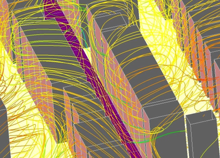 Pathlines are used to illustrate the problematic flow of air in the vicinity of two rack rows, where hot air (outer aisles) is shown to pass over the tops of the racks and be re-entrained into the racks on their supply sides (center aisle, with the floor vents shown in purple); the pathlines are colored by temperature, ranging from cold (blue) to hot (red)