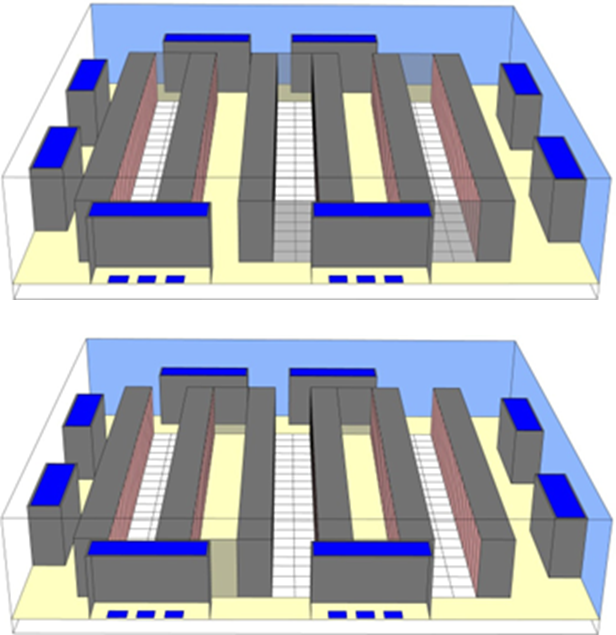 Figure 4: Partial cold aisle containment (top) and partial hot aisle containment (bottom), both achieved by placing impermeable walls at the ends of the aisles