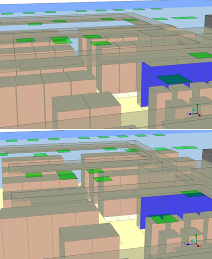 In the CAD-style geometry (top), the racks are accurately sized, but have 1 inch gaps between them; a CFD-style geometry (bottom) eliminates the gaps between racks by increasing the widths by 1 inch