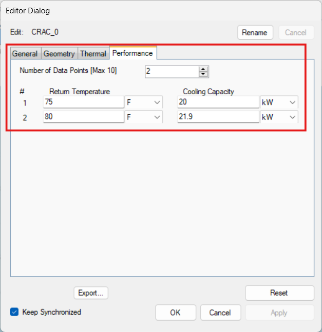 Figure 6: The performance data boundary condition uses ordered pairs of return temperature and cooling capacity