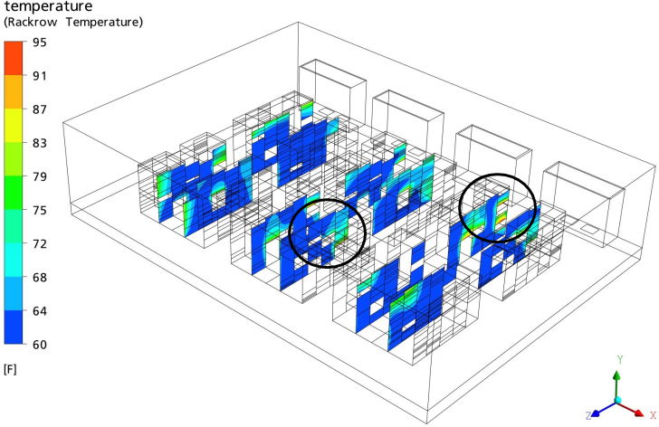 Contours of rack inlet temperatures for the steady-state run showing the locations of the four server with maximum rack inlet temperatures exceeding the ASHRAE allowed values