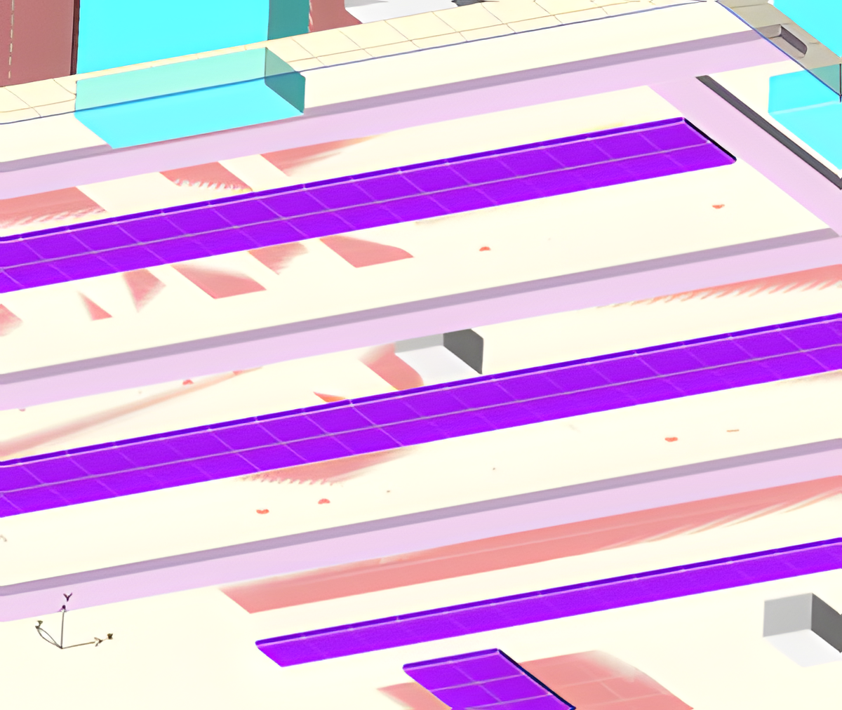 Perforated tiles (purple) are three-dimensional objects that can straighten the flow as it passes through