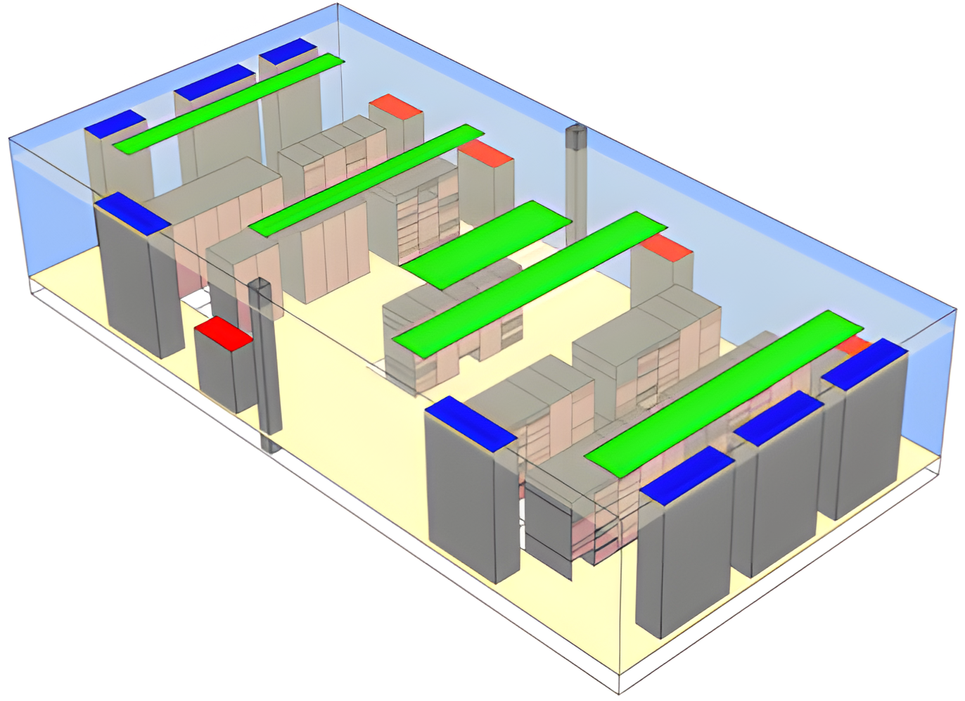 An isometric view of a raised-floor data center with a ceiling return