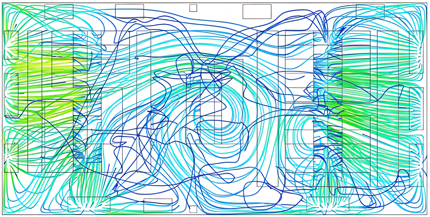 Pathlines in the supply plenum, shaded by speed; the darker lines represent the more slowly moving supply air , most of which is show nafter it enters the room