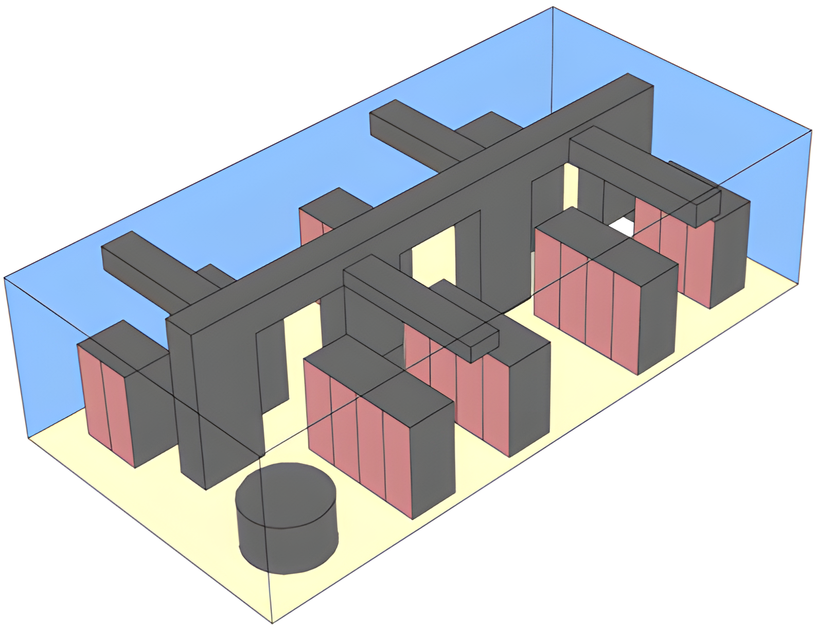 A non-raised floor date center model with a center aisle of top-flow CRACS and ducts and diffuers to deliver the supply air to the rack rows