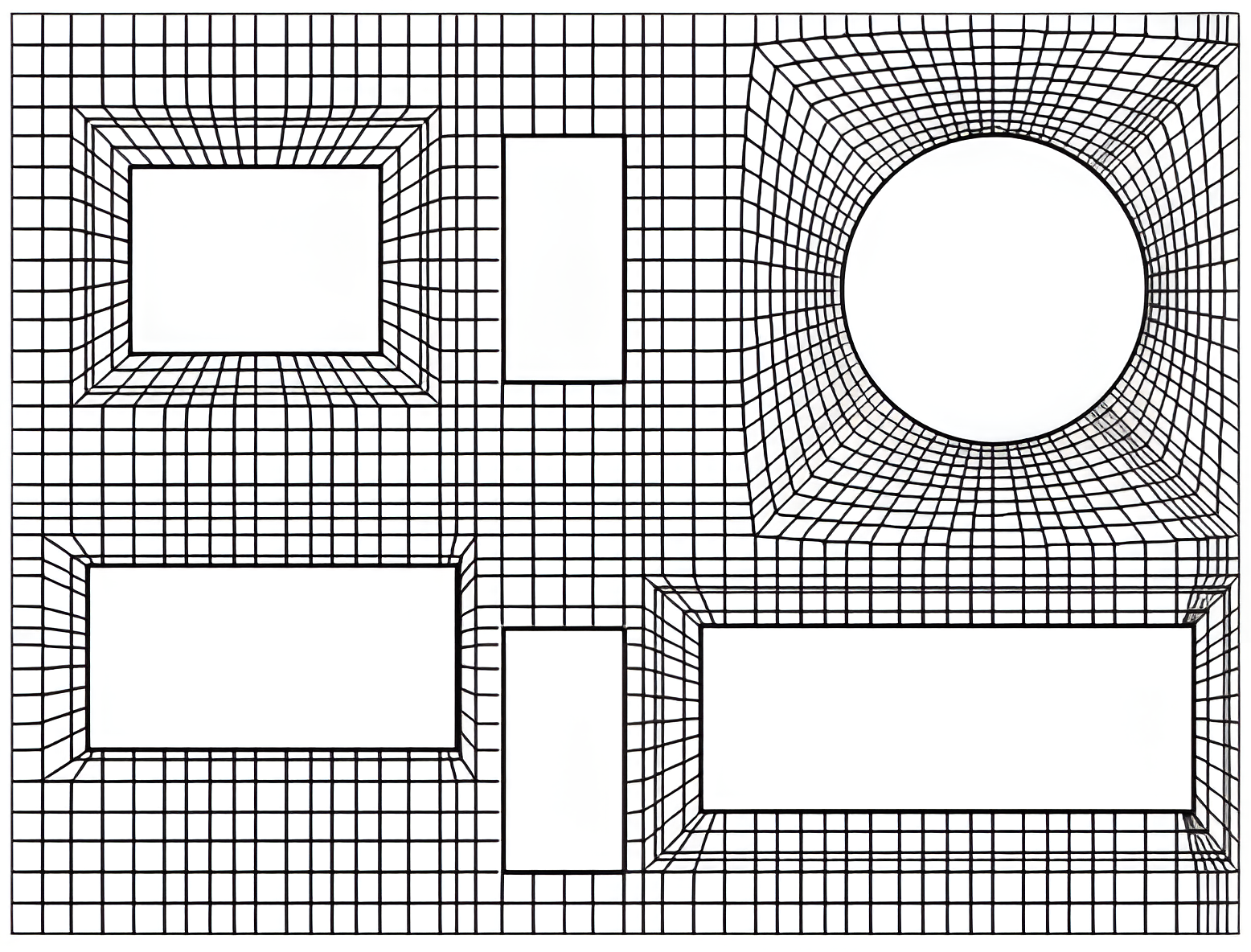A Cartesian mesh is used for most of the region and around the two elements in the middle, while O-type grids are used for the rectangular and circular elements on the sides