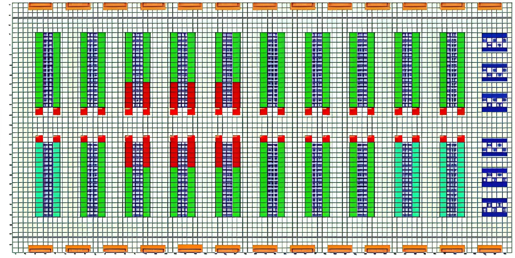 In the first modified design, the high density racks are distributed among 12 rows with positions near the center aisle where the flow from the supply plenum is strongest