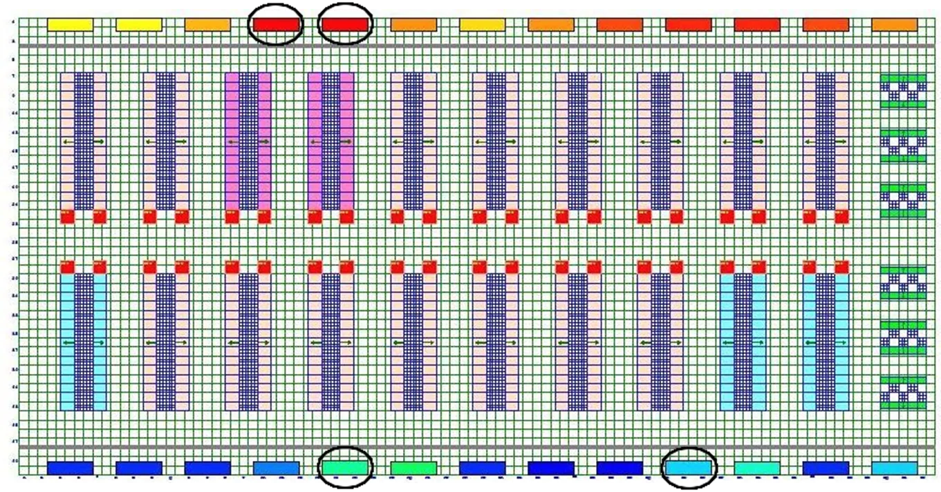 CRAC heat removal with all CRACs operating, ranging from 47 kW (dark blue) to 160 kW (red); the circled CRACs are disabled, one at a time, during the trials